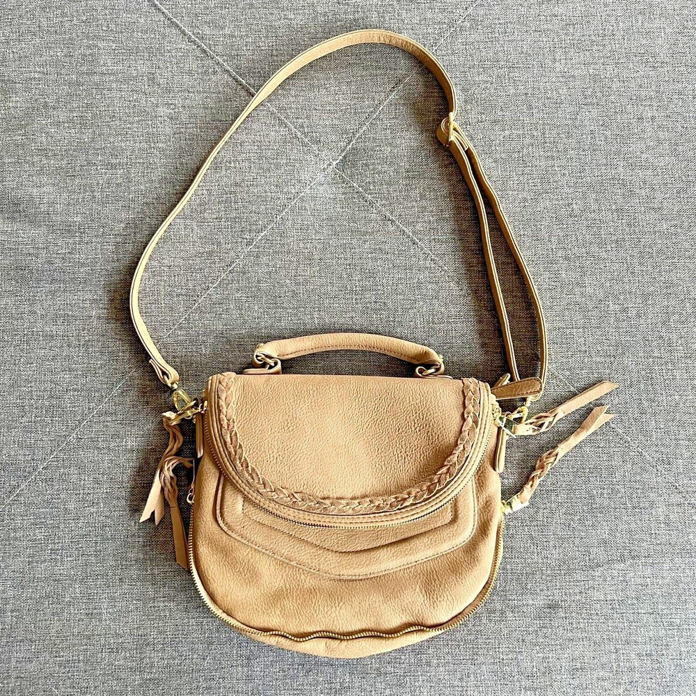 Steve Madden Crossbody Bag Tan Saddle Messenger Handbag Purse Faux Leather Suede